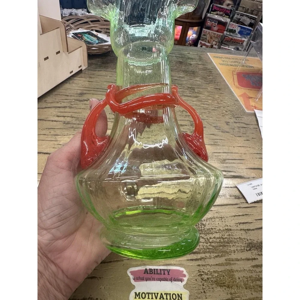 Vintage Green Uranium Glass Vase w/ Applied Orange Spiral Decoration - Rare!